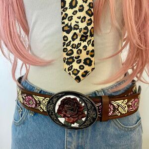 Brown Y2K Western Boho Floral 3D Rose Buckle Belt, Fits 31-39 Inches, X7GA1559